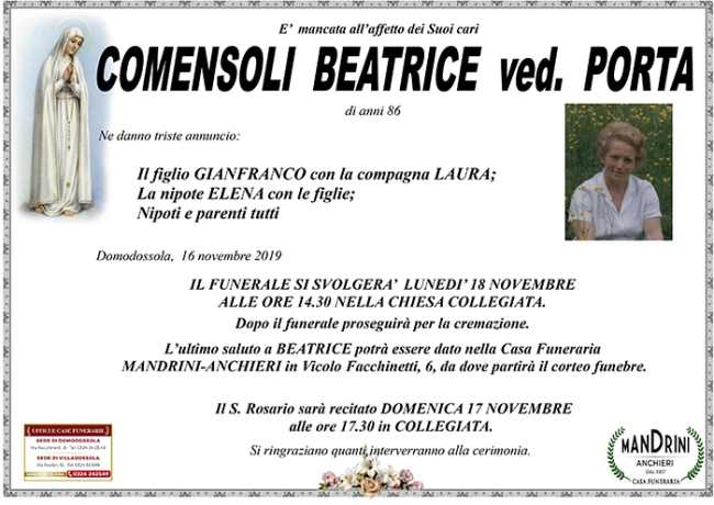 FUNEBRE porta COMENSOLI BEATRICE