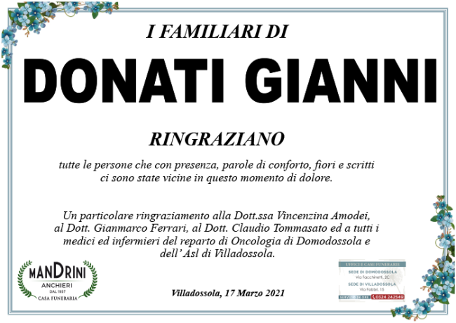 RINGRAZIAMENTO I FAMILIARI DONATI