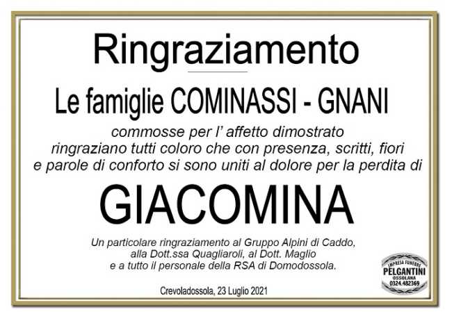 Ringraziamenti per Giamonina Gnani