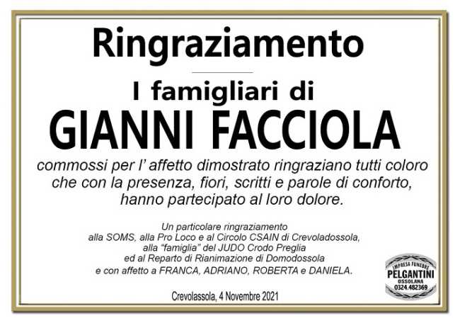Ringraziamenti per Gianni Facciola