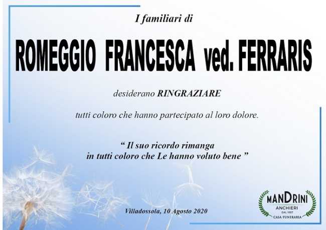 Ringraziamenti per Romeggio Francesca ved. Ferraris