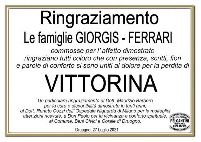 Ringraziamenti per Vittorina Ferrari in Giorgis