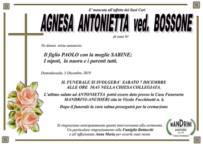 funebre AGNESA ANTONIETTA bossone