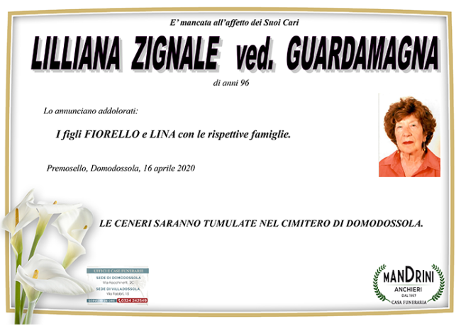 funebre LILLIANA ZIGNALE
