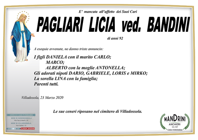 funebre PAGLIARI LICIA