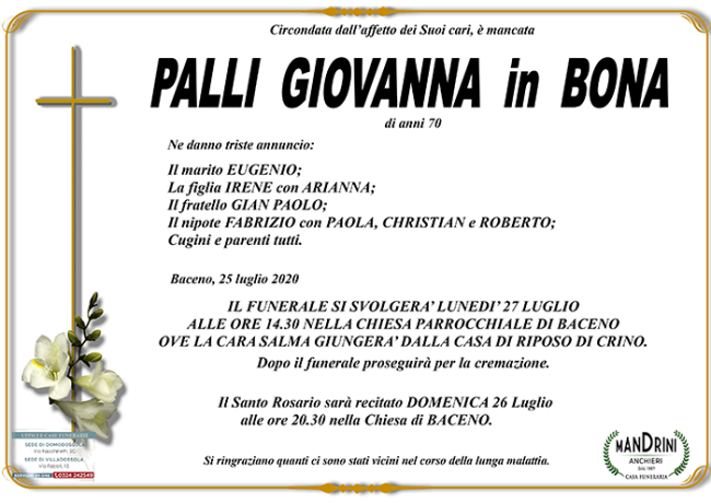 funebre PALLI GIOVANNA in BONA