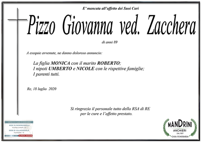 funebre PIZZO GIOVANNA ved. ZACCHERA