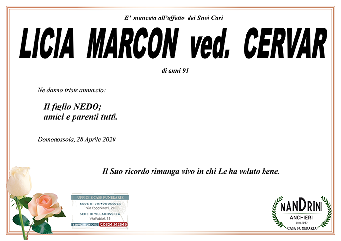 FUNEBRE LICIA MARCON VED. CERVAR
