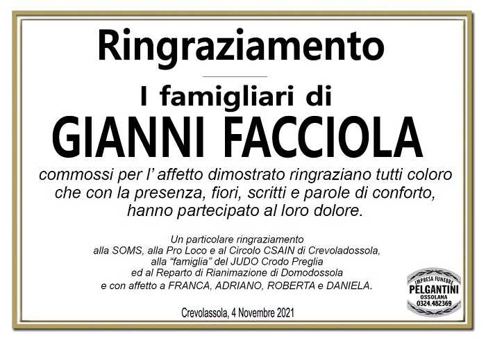 Ringraziamenti per Gianni Facciola