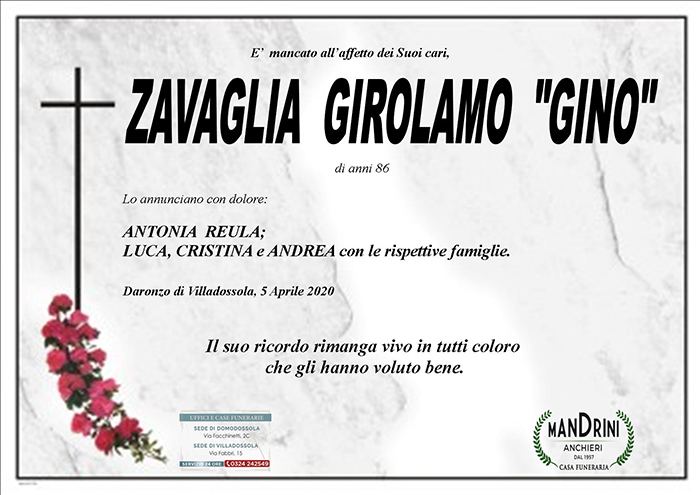 funebre ZAVAGLIA GIROLAMO