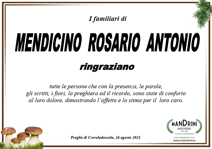 ringraziamento MENDICINO ROSARIO ANTONIO
