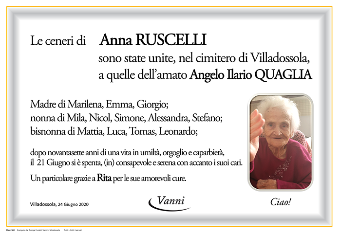 ruscelli anna Annuncio mod. 300 A funerali avvenuti Quaglia 
